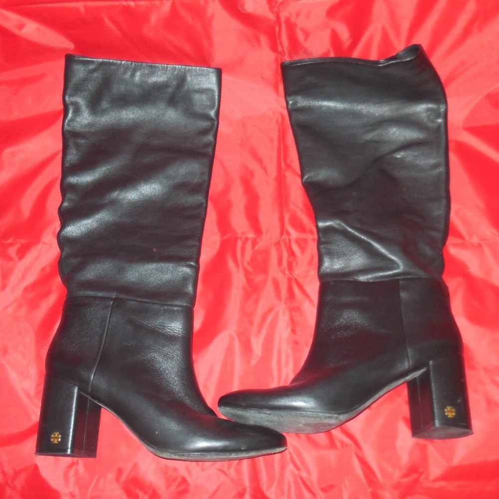 Tory Burch Brooke Slouchy Leather Block-Heel Knee Boots Black Size 10